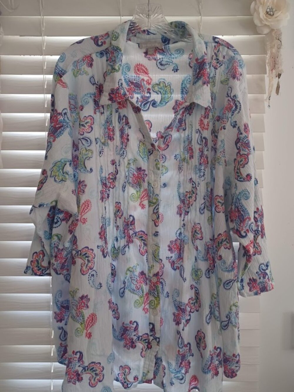 Woman Within 4X Blouse Tunic Paisley Crinkle Cotton Button Front Plus Size Top